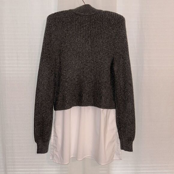 Halston M Charcoal Gray White Cotton Shirt Combo Knit Mock Neck Sweater - Picture 2 of 14